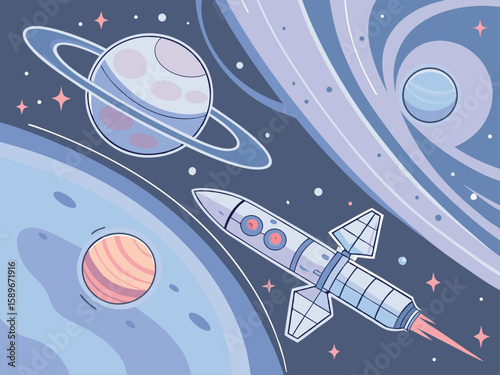 Futuristic space exploration with planets and rockets. Semi-realistic vector with neon glows, metallic textures, and detailed cosmic elements for a sci-fi vibe