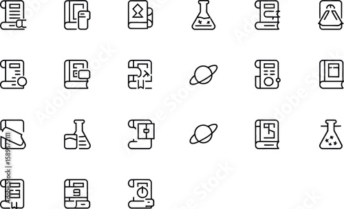 Line Art Education Icons Set Featuring Books, Science Beakers and Ancient Scrolls