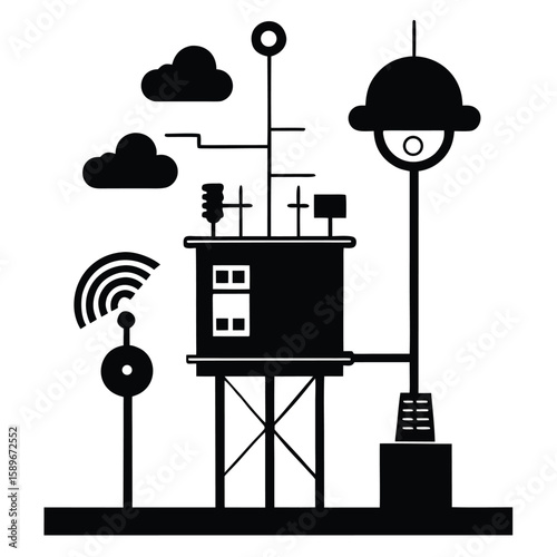 Black and white illustration of an industrial communication tower with antennas, clouds, and a minimalistic artistic design.