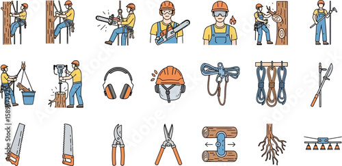 Tree service equipment arborist tools and tree care professional vector set