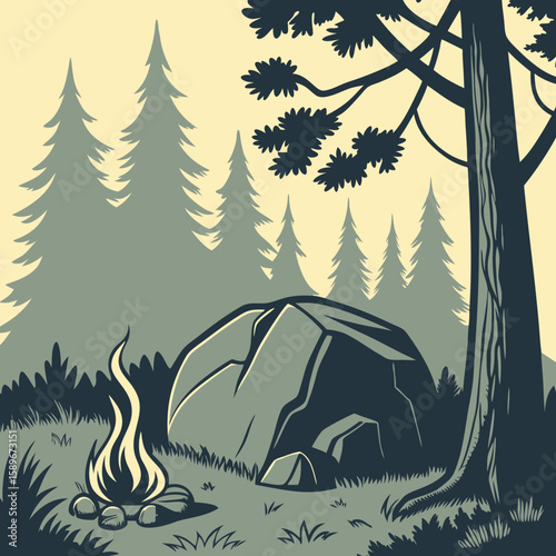 Wilderness Campfire with Rocks and Pine Trees – Retro Forest Silhouette Vector  
