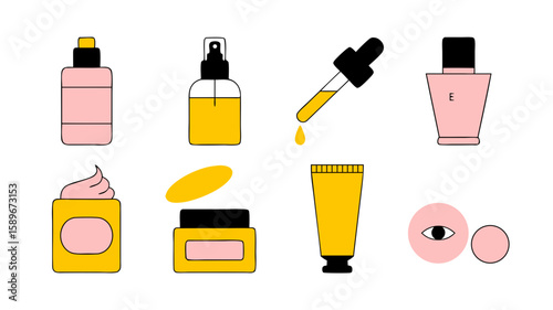 Minimalist Vector SVG Illustration of Makeup and Skincare Bottles in Flat Design Style with Pink and Yellow Colors