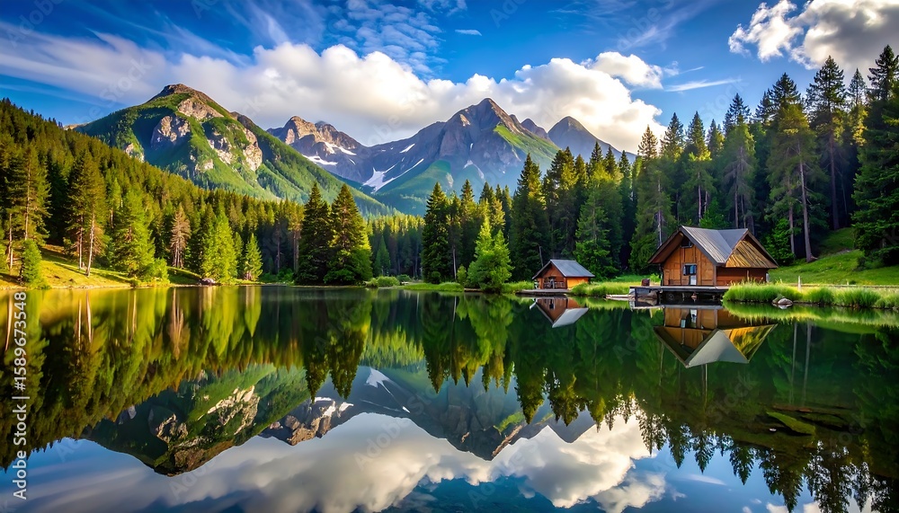 Fototapeta premium Serene Mountain Landscape with Reflection in Tranquil Lake Surrounded by Lush Green Forests and Clouds
