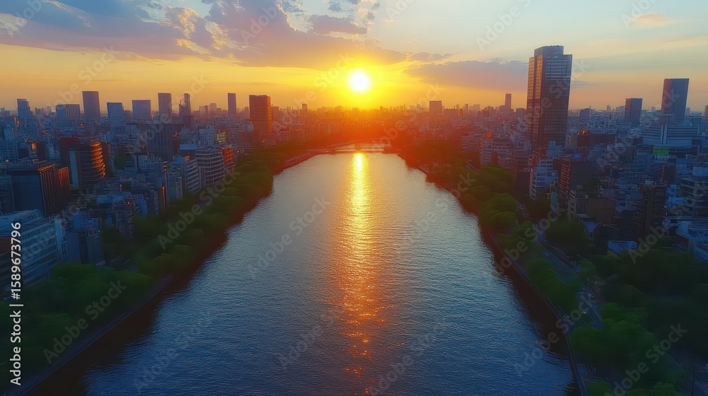 Fototapeta premium City Sunset River Reflection