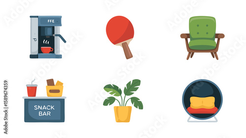 Minimalist Vector SVG Icon Set Featuring Coffee Machine Ping Pong Chair Snack Bar Plant and Egg Chair in Flat Design Style Bright Colors