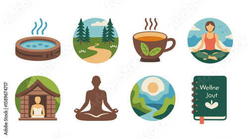 Vector SVG Illustration Set of Wellness and Nature Elements in Flat Style with Bright Colors for Digital and Branding Use