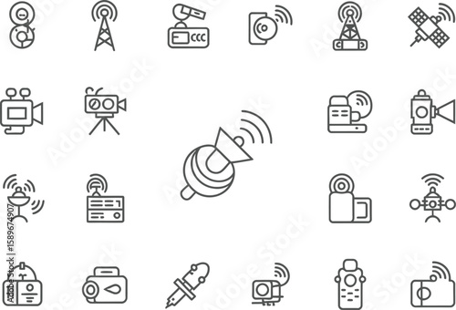 Media Broadcasting Equipment Icons in Outline Style on Transparent Background