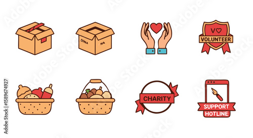 Vector SVG Icon Set with Volunteer and Charity Themed Symbols in Flat Design Style