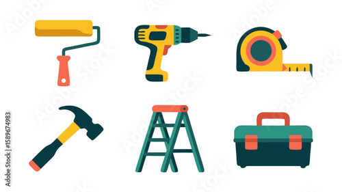 Vector SVG Icon Set of Construction Tools in Flat Modern Style with Bright Colors for Digital Design