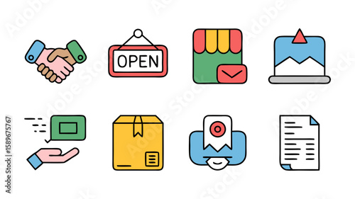 Vector Minimalist SVG Icon Set with Handshake Open Sign Shopping Cart Document Design Style Bright Colors