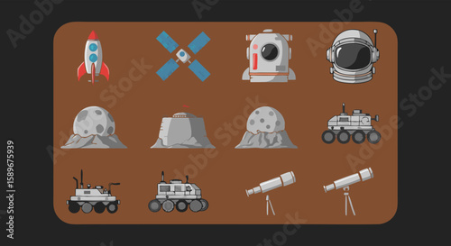 Vector SVG Icon Set of Space Exploration Elements in Flat Style with Bright Colors for Web and Digital Design