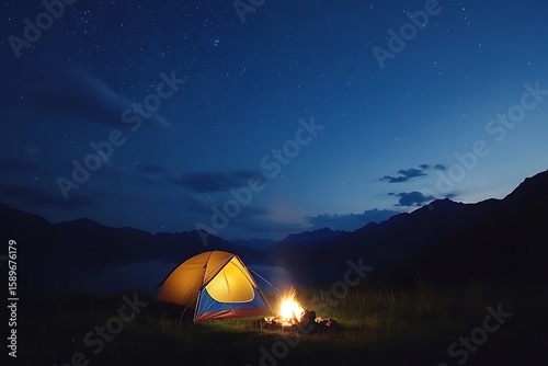 Camping Under Stars a Tent Lit Beside Campfire on Grassy Meadow