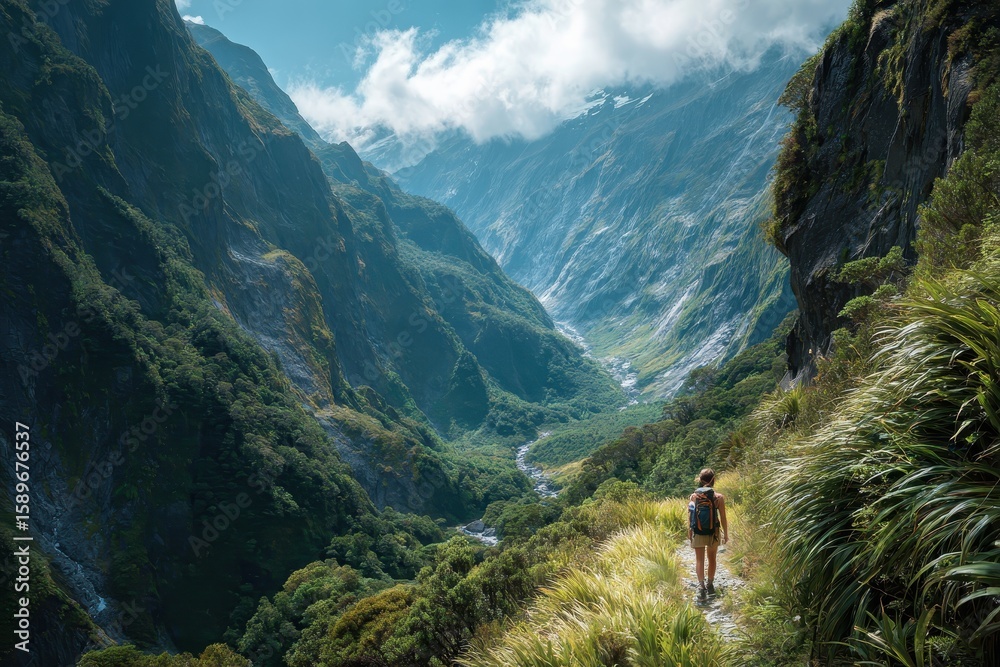 Fototapeta premium A woman exploring a picturesque mountain valley hike
