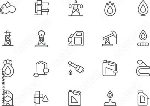 Oil Industry Outline Icons Set Oil Drop, Fuel Can, Drilling Rig, Isolated Elements