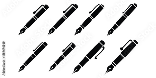 fountain pen icon set vector silhouette on white background.