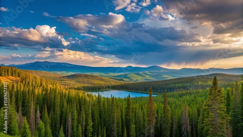 Majestic mountain landscape with lush forest and serene lake under a dramatic cloudy sky