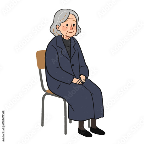 Elderly woman sitting in coat indoors and looking calm  