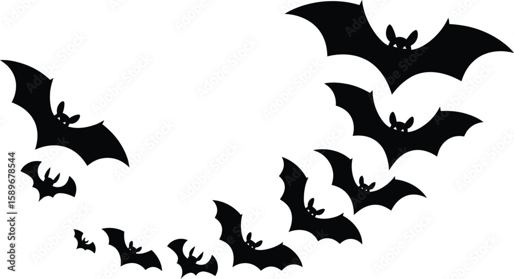 Fototapeta premium Black Bat Silhouettes Flying in Swirling Formation on White Background