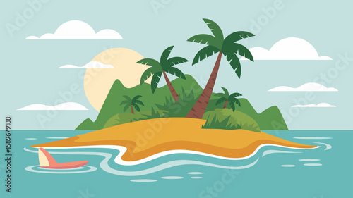 Vector SVG Illustration of Tropical Island Scene with Palm Trees and Sun in Modern Flat Style with Vibrant Colors