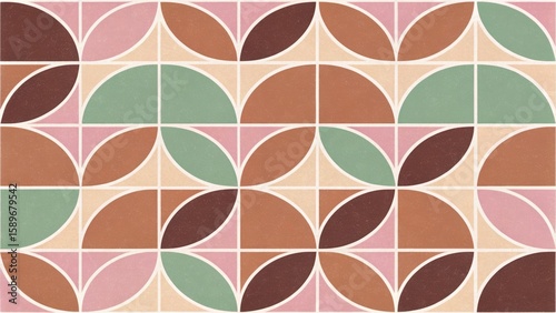 Geometric pattern with semi circles and squares in shades of pink green and brown colors on a white background