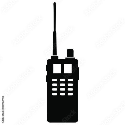Black silhouette illustration of a handheld walkie talkie communication device with an antenna and buttons