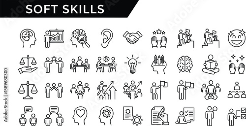 Soft skills outline icon set shows professional skills with editable stroke