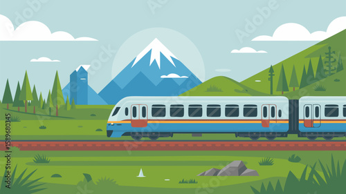 Illustration of a Mountain Landscape with Train in Modern Flat Vector SVG Style featuring Green Hills Snow-Capped Peak and Blue Train