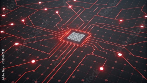 A close up of a dark circuit board with a central chip and glowing red lines connecting components
