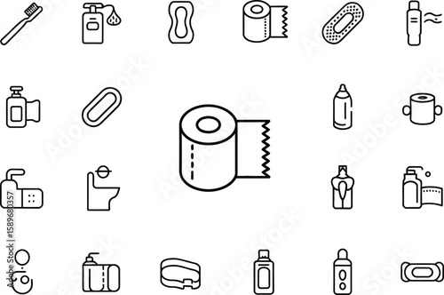 Set of Sanitary Line Icons With Toothbrush, Toilet Paper, Soap, & Other Hygiene Product