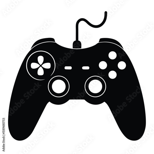 Black silhouette of a classic wired video game controller on a white background suitable for design concepts