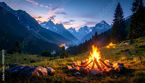 Tranquil Evening Campfire with Majestic Mountains and Clear Sky in the Background