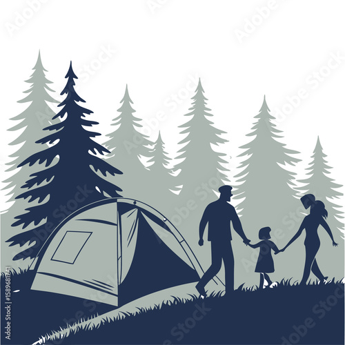 Family Camping in Forest with Tent and Pine Trees Silhouette Illustration
