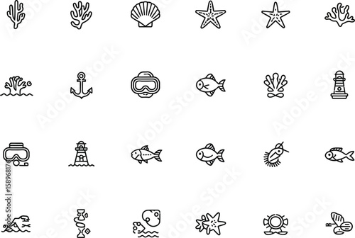 Undersea World Line Art Icons, Coral, Starfish, Fish, Seashell, Lighthouse on Transparent