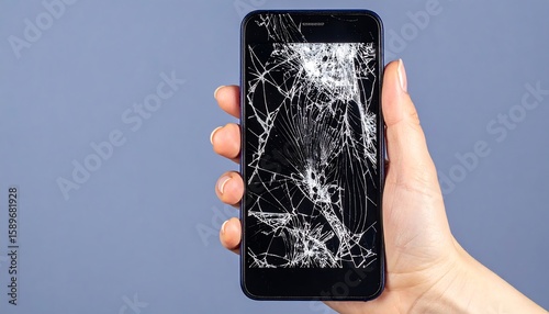 Hand Holding Smartphone with Cracked Screen on Plain Background Showing Damage and Fragility of Devices