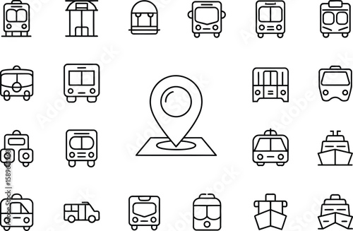 Transport Line Icon Set Featuring Buses, Boats, Location Pin with Transparent Background