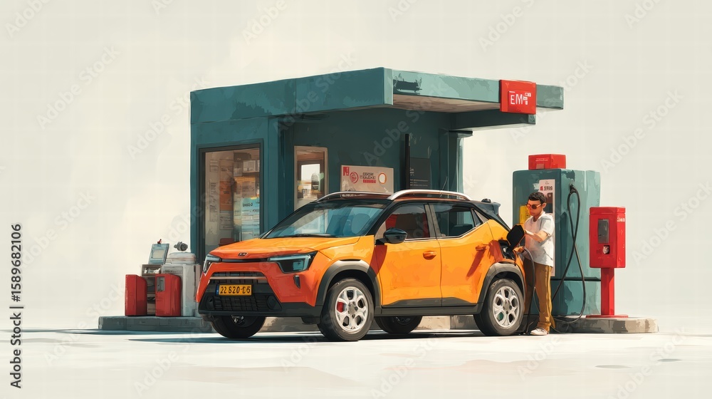 Fototapeta premium Stunning Electric Vehicle Charging at a Modern Gas Station