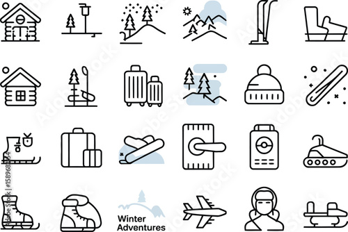 Winter Icons Outline Set Featuring Cabin, Trees, Luggage, Ice Skates and Airplane