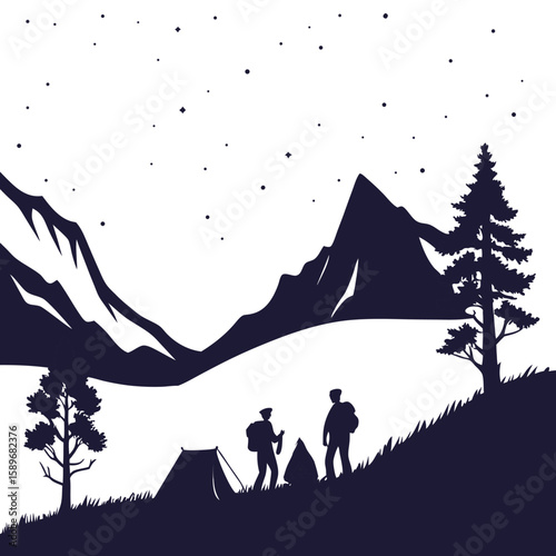 Hikers Camping in Mountains at Night with Tent and Campfire Silhouette Illustration

