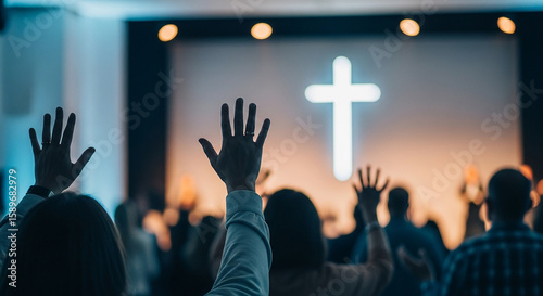 People raise hands in worship at a church service.