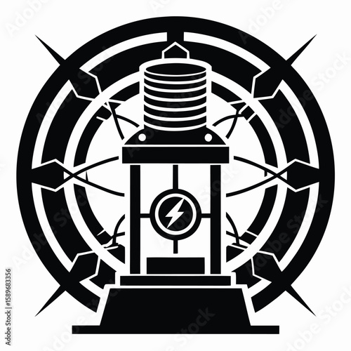 Bold graphic representation of an electrical transformer with a lightning symbol surrounded by decorative shapes