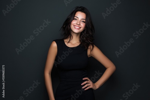 Attractive white woman in a black dress poses with a hand on her hip smiling warmly at the camera