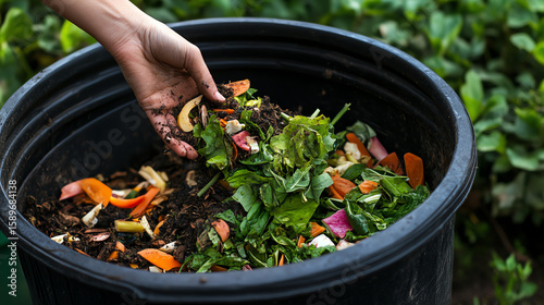 Hand composting vegetable scraps in backyard compost bin, natural waste cycle