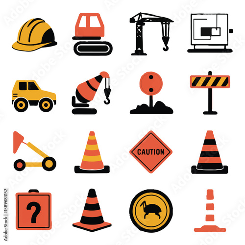 Vector art of various construction icons depict equipment and safety measures on a building site