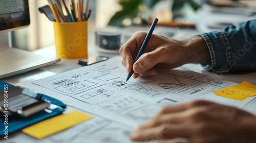 Hand sketching blog layout wireframe on paper, digital design meets creativity