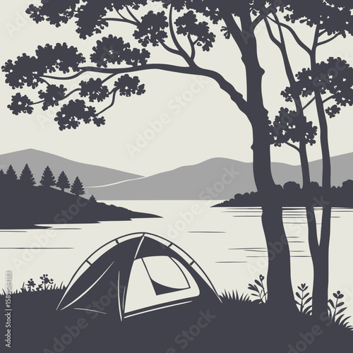 Tent Camping by Lake in Forest with Mountain View Silhouette Illustration

