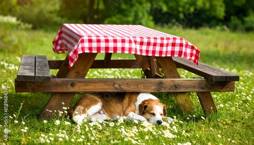 Cozy picnic scene with a red checkered tablecloth and a relaxed dog lounging in a grassy field