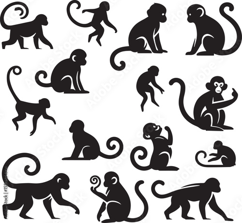 Black and White Monkey Silhouette Vector Set – Sitting, Walking, and Playing Poses