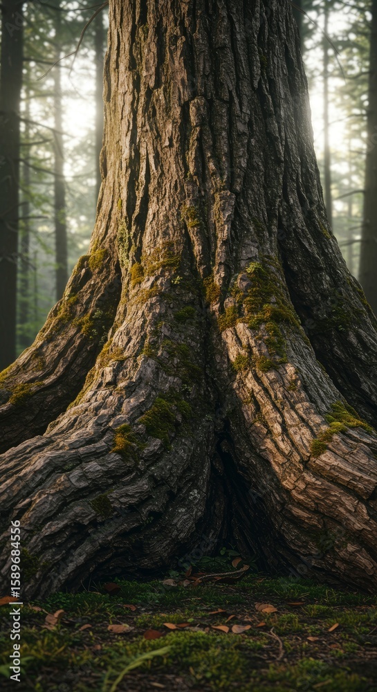 Fototapeta premium Textured Tree Trunk and Roots in Forest with Sunlight