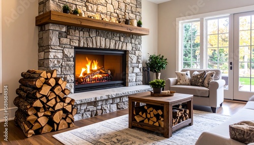 Cozy Living Room with Stone Fireplace and Rustic Decor Showcasing Tranquil Indoor Atmosphere