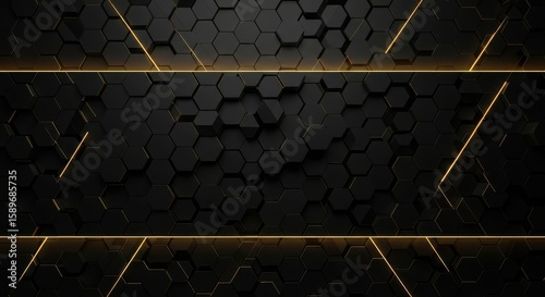 Abstract Dark Hexagonal Pattern Background with Golden Geometric Lines and Light Specks